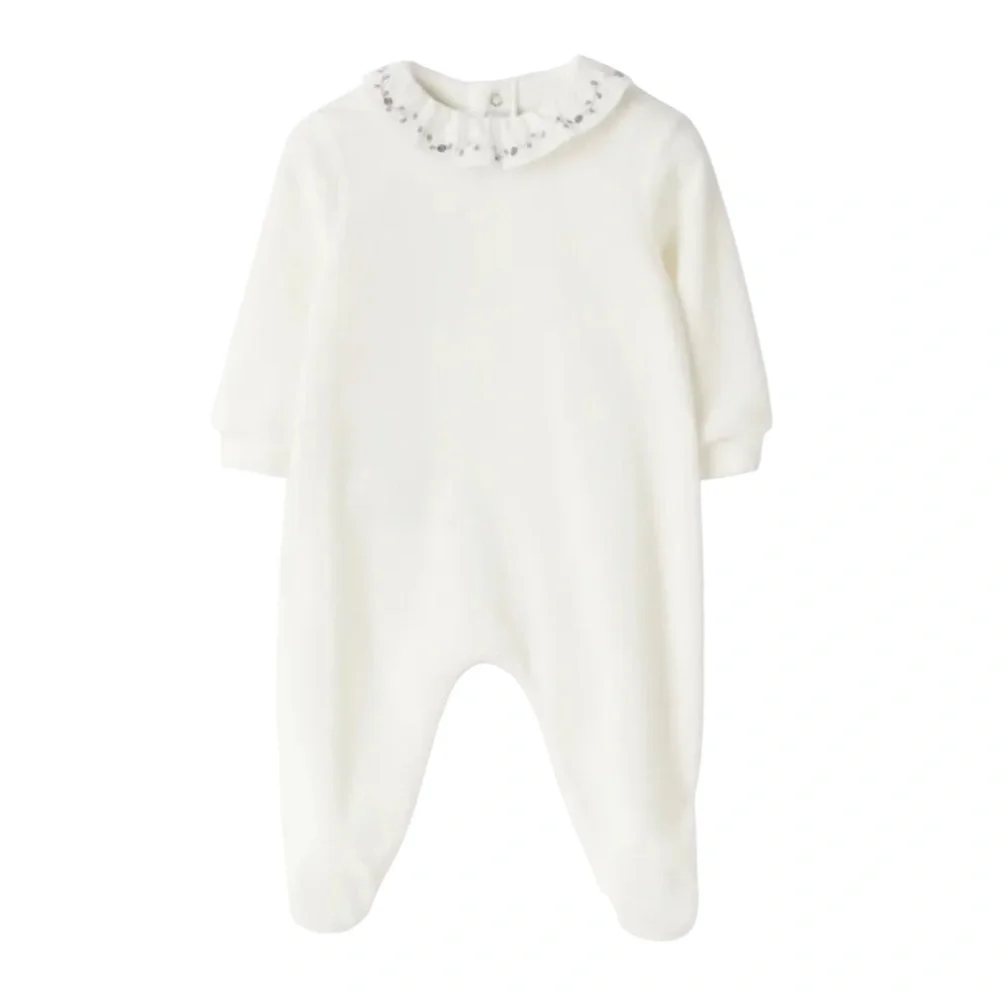 Il Gufo baby white cotton velour jumpsuit floral embroidered collar Size 9M NWT